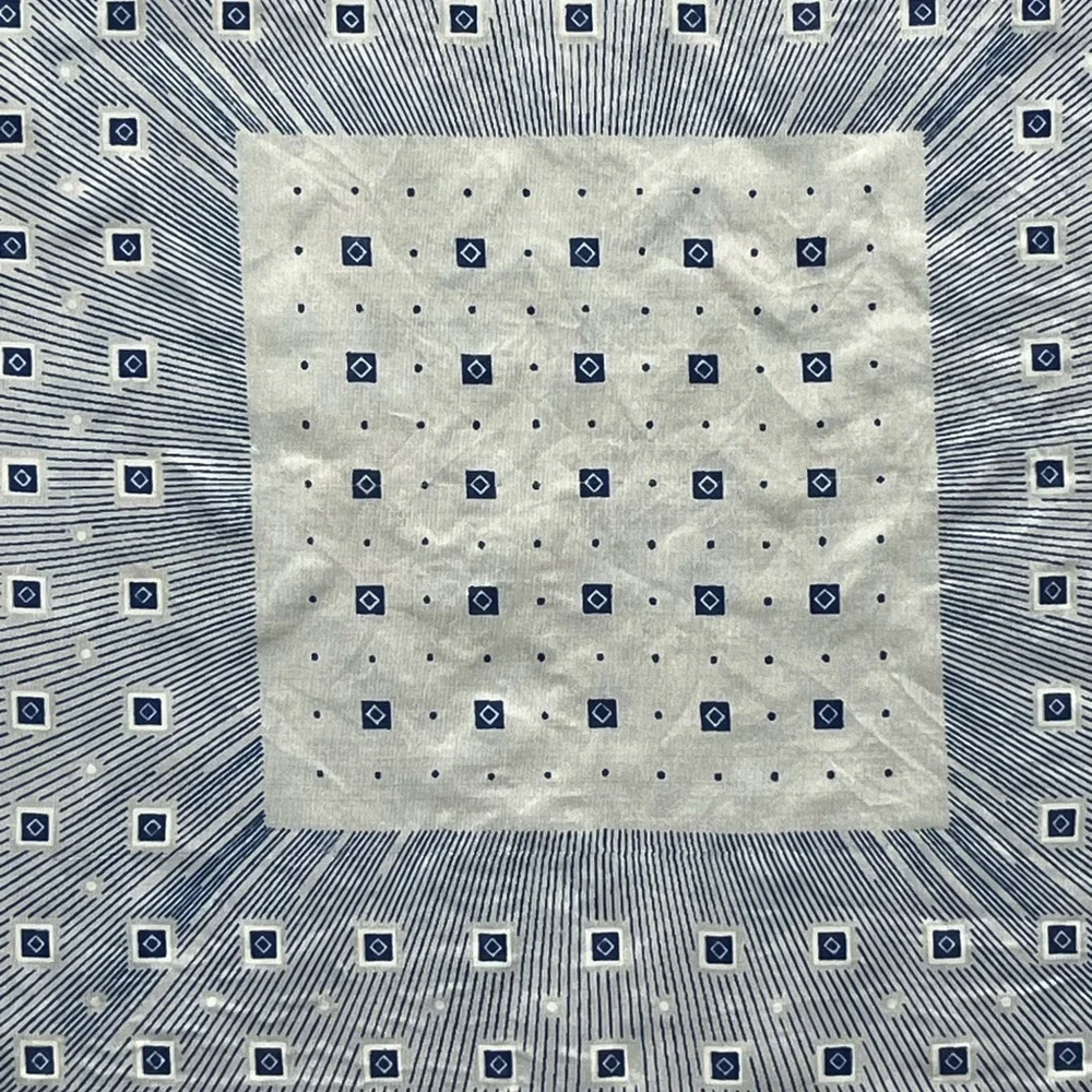 Vintage Silk Blue White Geometric Pocket Square Neckerchief Hand Rolled Scarf